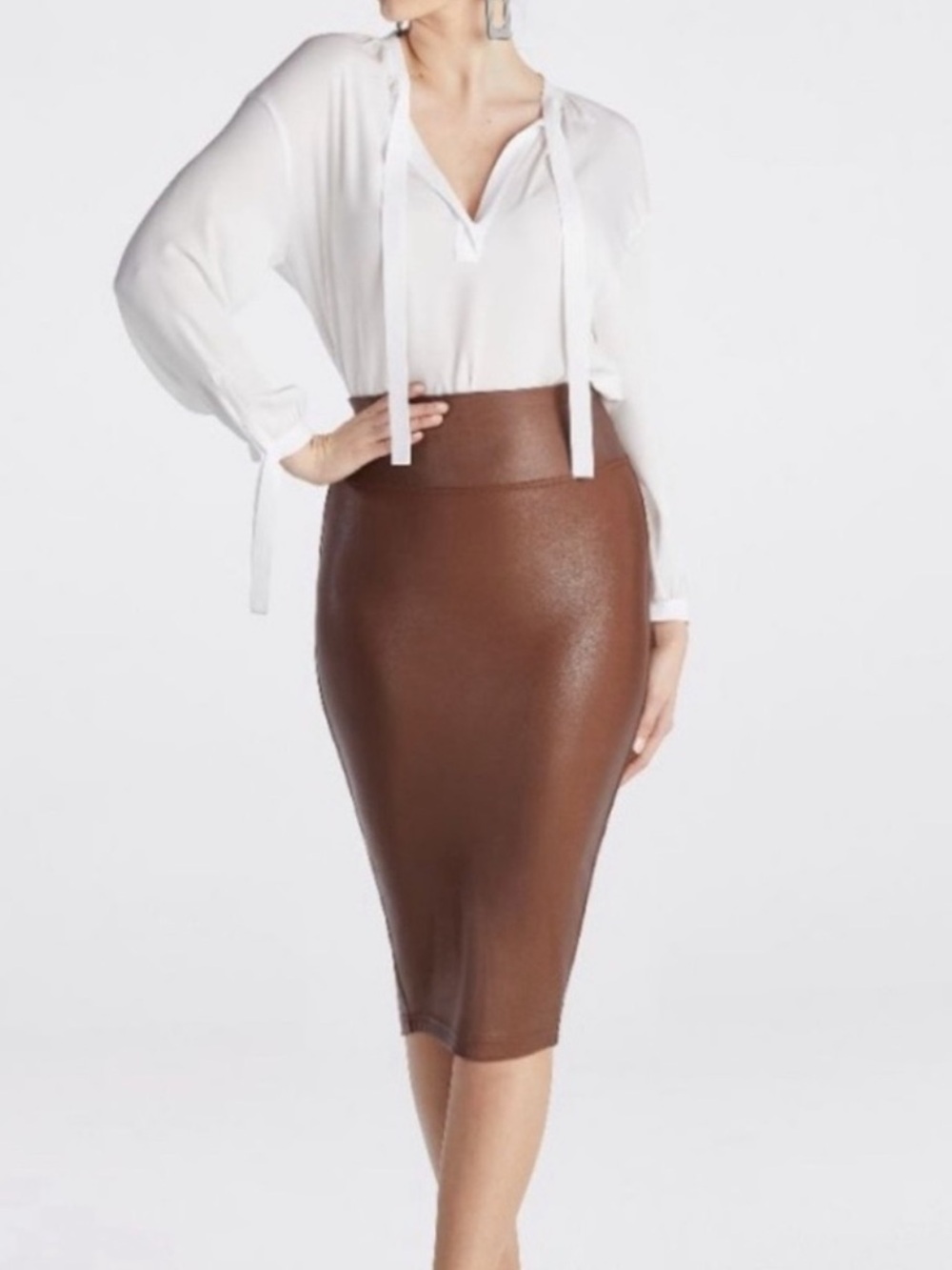 SPANX Metallic Sparkly Brown Faux Leather Midi Bodycon Fitted Pencil Skirt